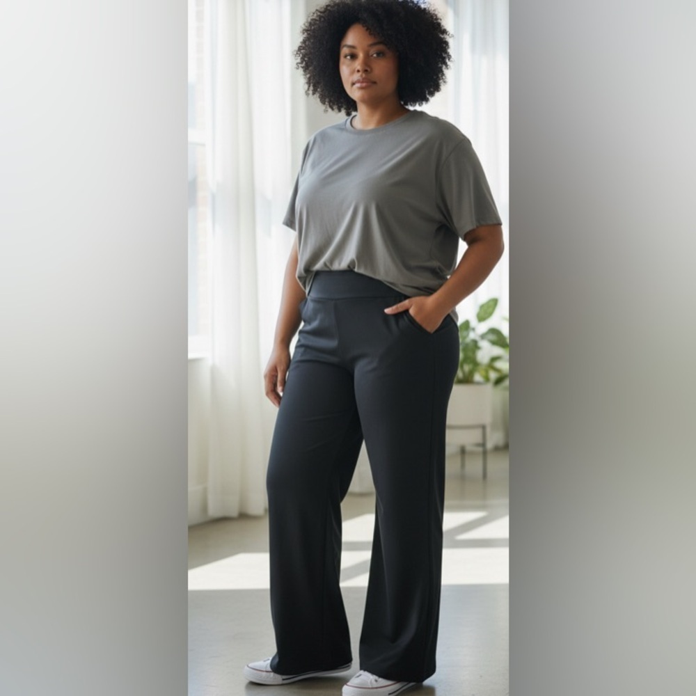New-4XL Classic Gray T-Shirt 
With Black Stretch Yoga Bootcut Pants 
Outfit Set